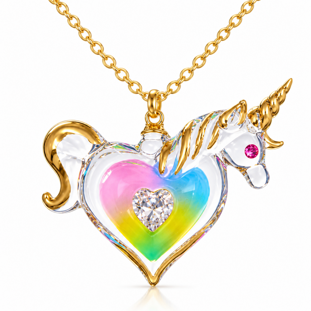 Rainbow Heart Unicorn Necklace, Crystal Heart Pendant, Unicorn Jewelry Gift