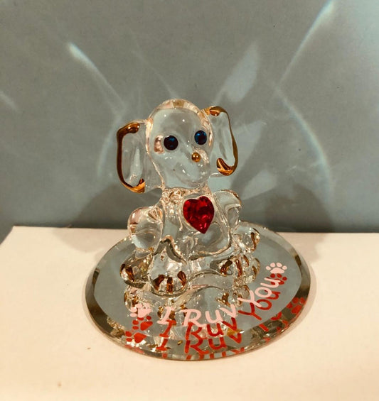 Dog “I Ruv You” Figurine | Handcrafted Glass Art with Crystal Heart and Gold Accents