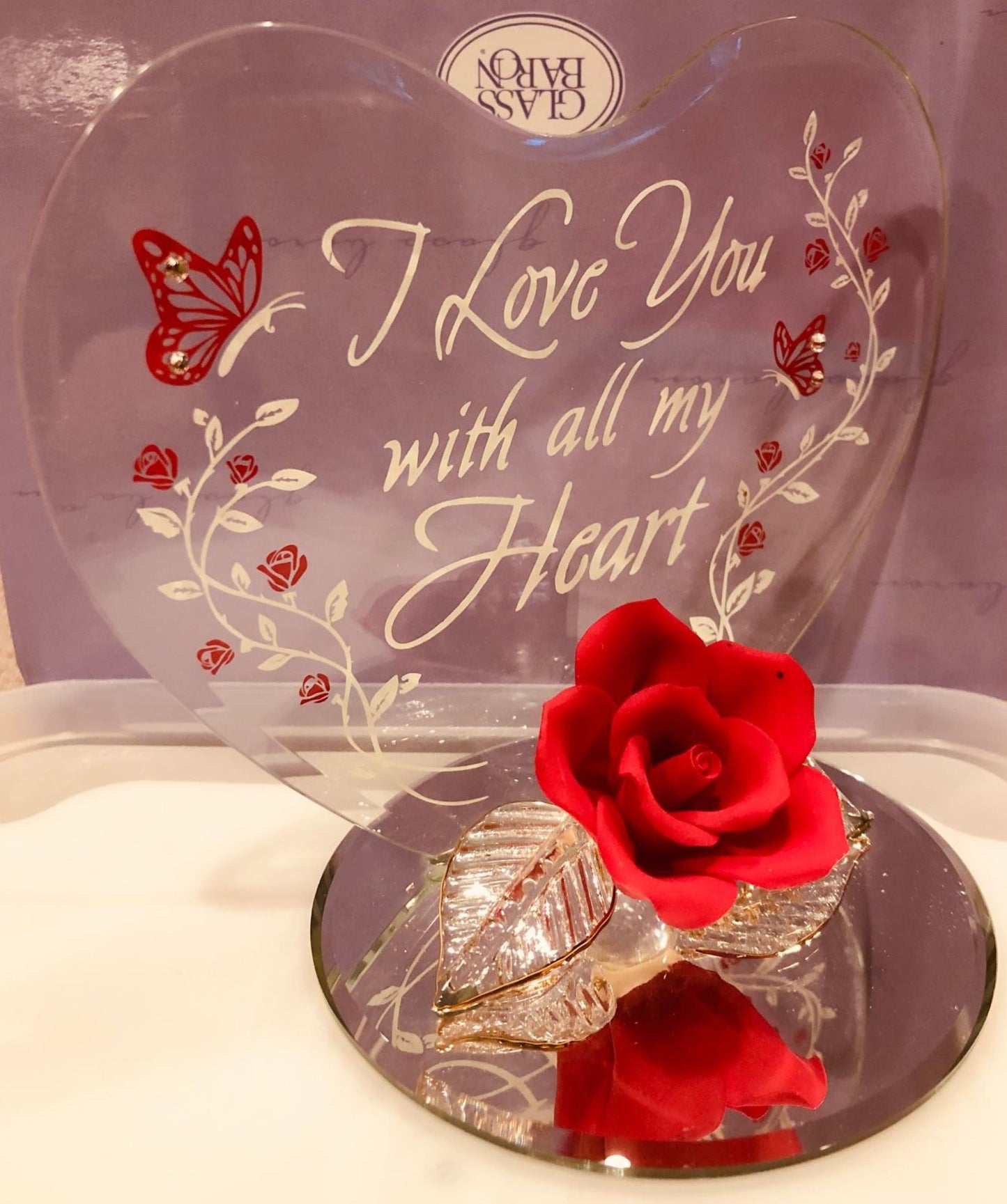 “I Love You With All My Heart” Rose Figurine | Glass Romantic Décor