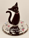 Handcrafted black cat glass figurine with crystal accents on beveled mirror and Spoiled Cat lives here message