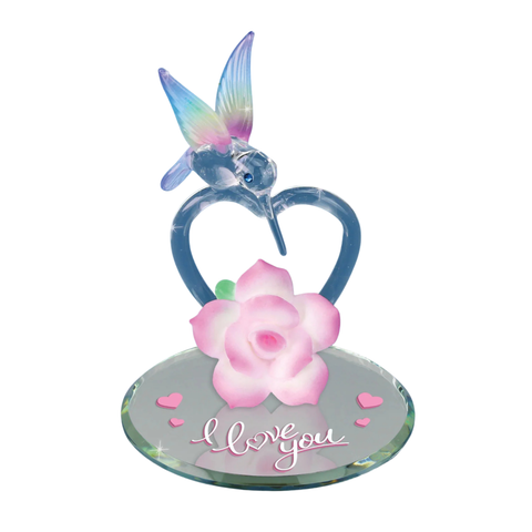 Handcrafted Glass Hummingbird "I Love You" Heart Figurine with Crystals