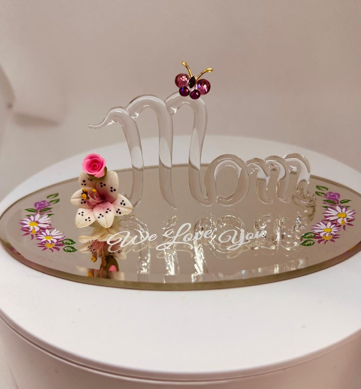Mom “We Love You” Glass Figurine | Handcrafted Floral Gift with Butterfly Accent