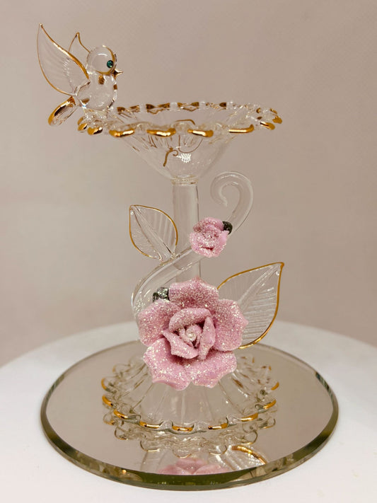 Bird on Birdbath Figurine | Handcrafted Glass Bird and Rose Decor