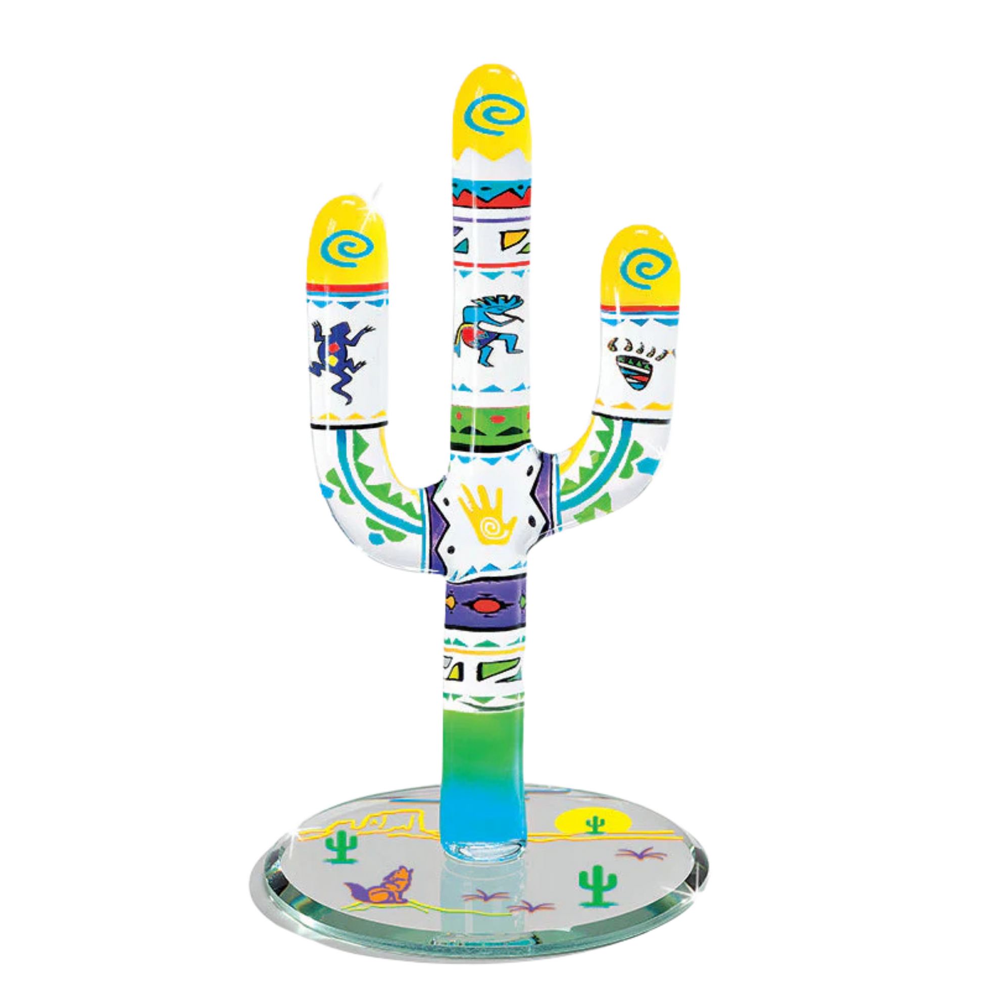 Glass cactus figurine with colorful southwestern design on beveled mirror base with desert scene