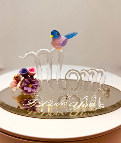 Mom "I Love You" Glass Figurine Hummingbird with Flowers Handcrafted Gift
