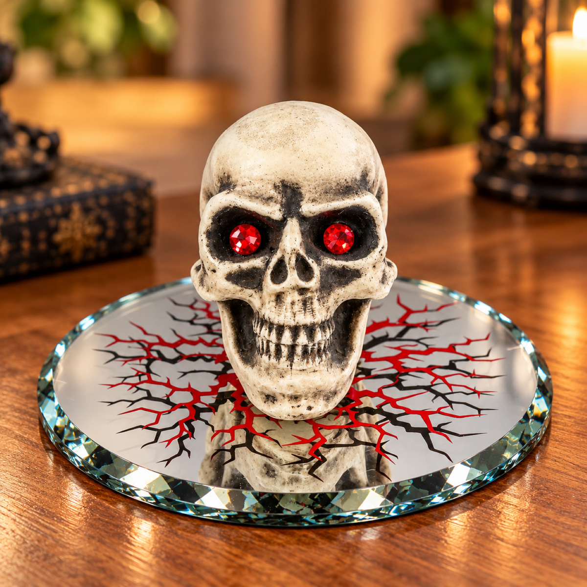 Handcrafted skull figurine with red crystal eyes and black shading on a beveled glass mirror with a red and black cracked pattern