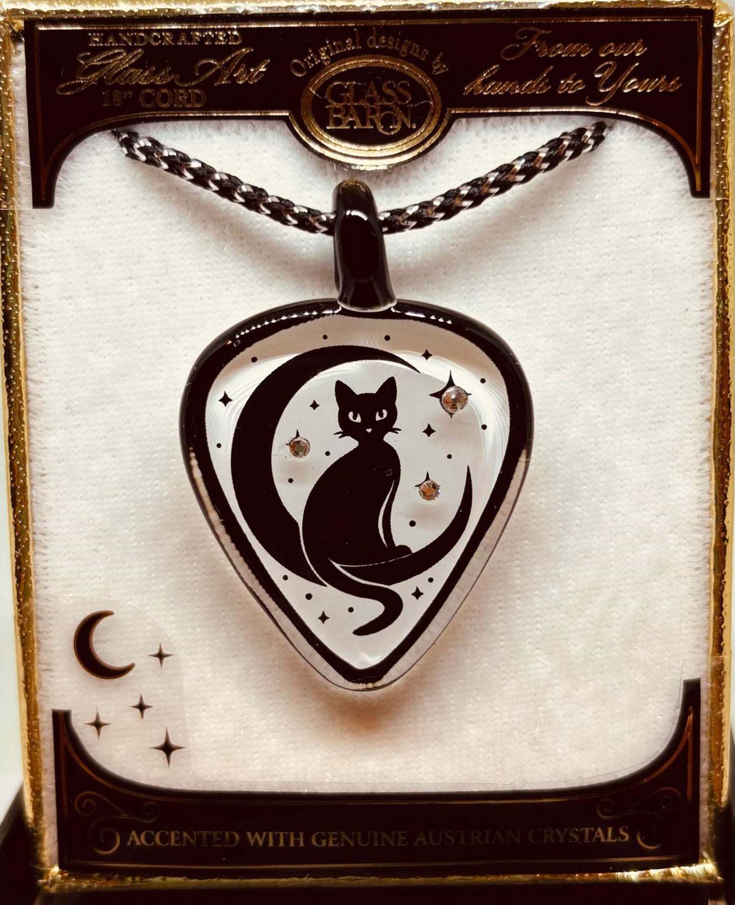 Cat and Moon Necklace Handcrafted Glass Pendant with Crystals on Cord Chain