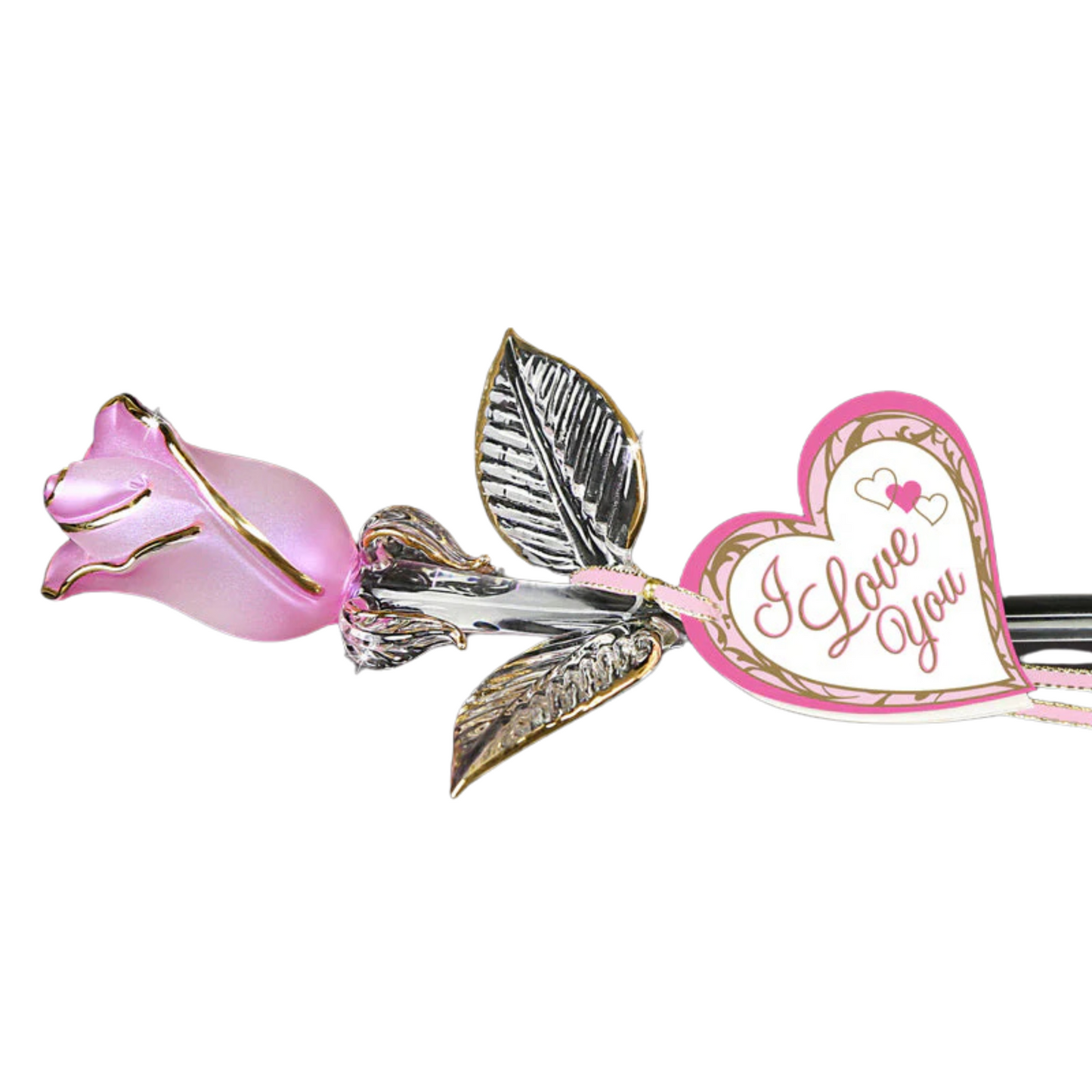 Pink Pearl Glass Rose Figurine | Romantic I Love You Gift with Heart Tag