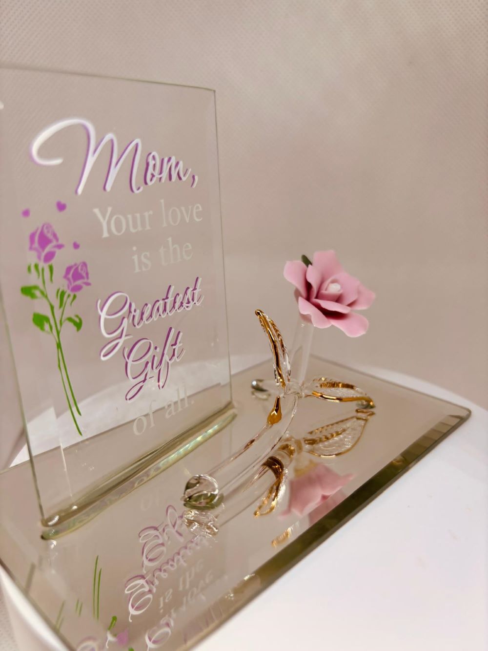 Pink Rose Mom “Greatest Gift” Glass Figurine | Handcrafted Mother’s Day I Love You Mom Gift