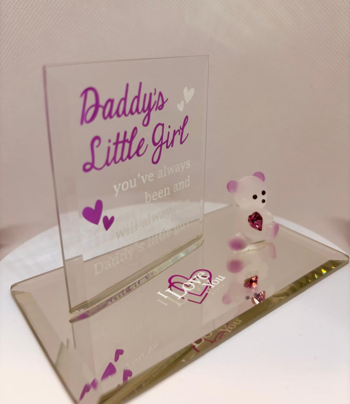 Handcrafted glass bear figurine holding pink crystal heart with Daddy’s Little Girl message