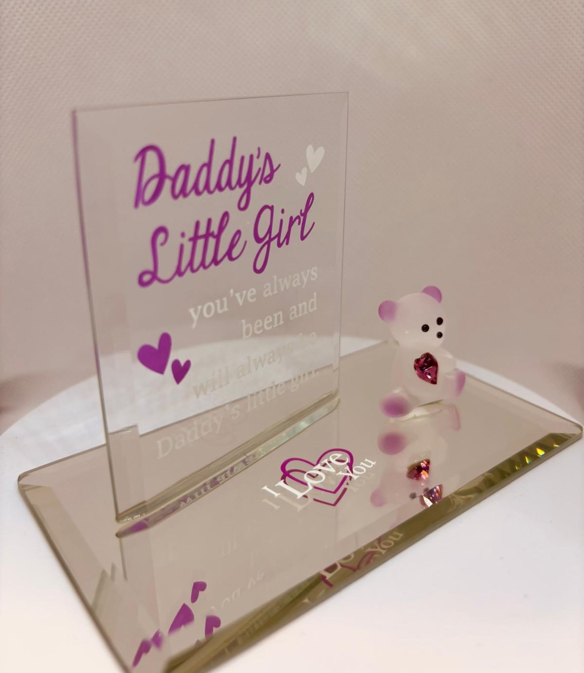 Handcrafted glass bear figurine holding pink crystal heart with Daddy’s Little Girl message
