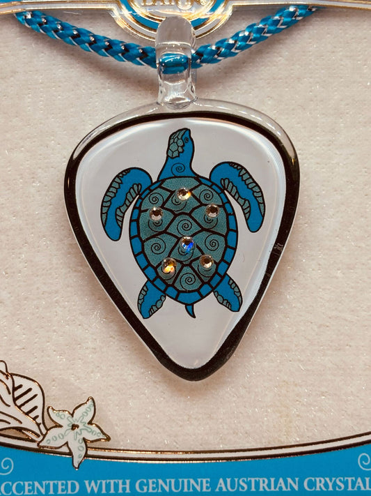 Aloha Sea Turtle Guitar Pick Necklace Handcrafted Glass Pendant with Crystals