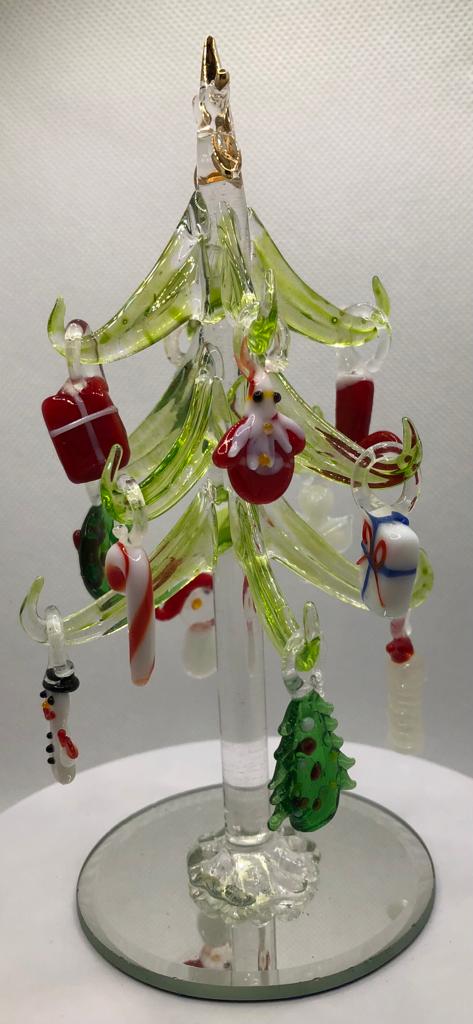 Green Glass Christmas Tree 6 inch with Ornaments