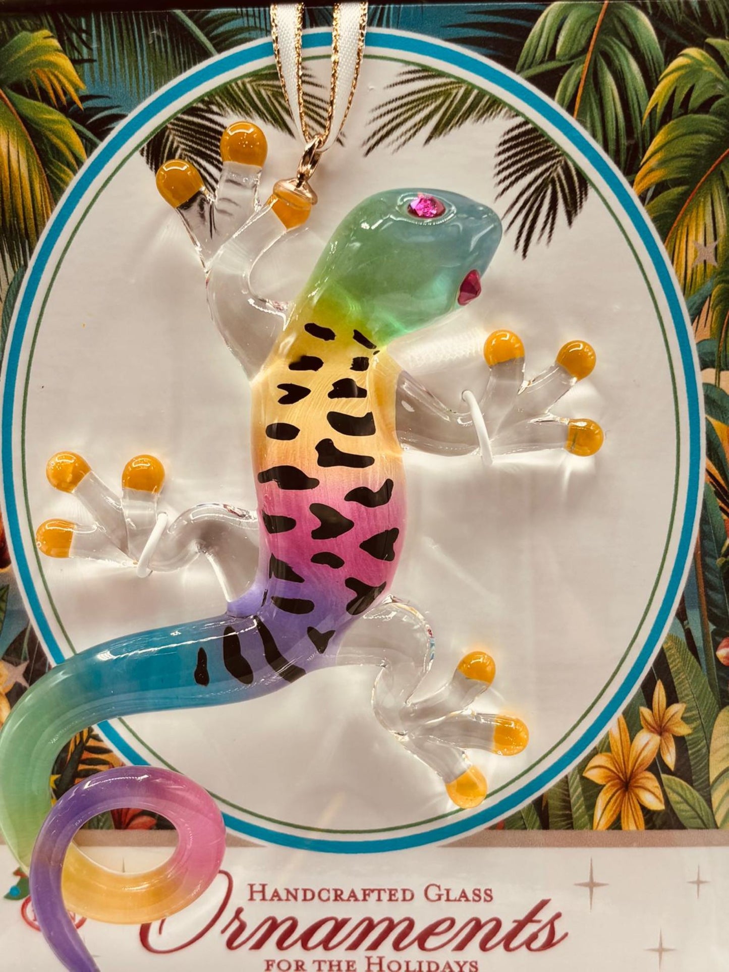 Island Gypsy Gecko Ornament | Handcrafted Colorful Glass Lizard with Crystal Eyes