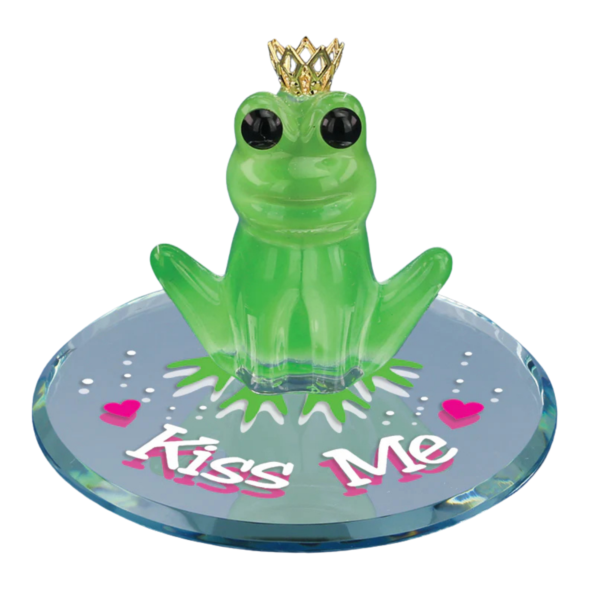 Crowned frog Kiss Me figurine for fairy tale décor