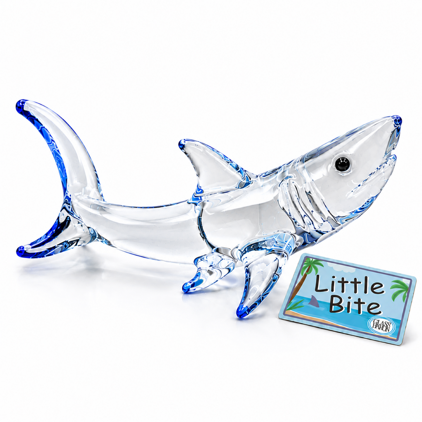 Handcrafted blue shark glass figurine with air-brushed accents and colorful Little Bite tag