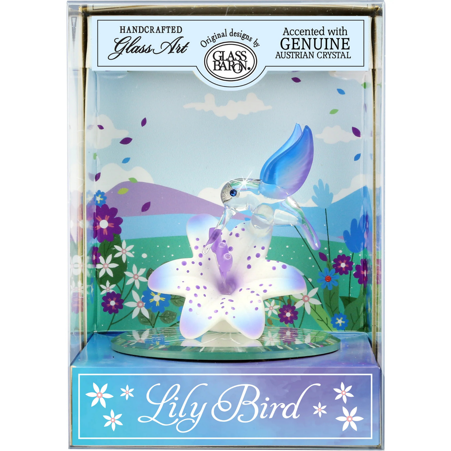 Handcrafted glass hummingbird figurine hovering over a lily flower with Genuine Austrian Crystal accents in a decorative keepsake display box.