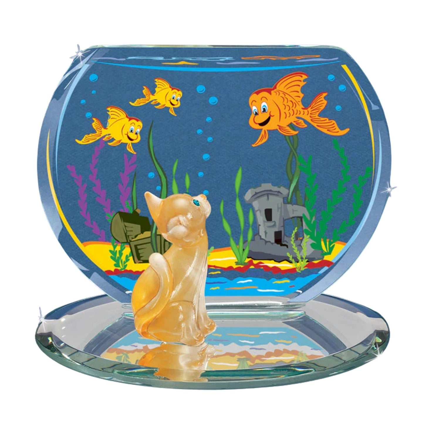 Cat & Fish Bowl Glass Figurine Handcrafted Orange Tabby Cat Collectible Gift