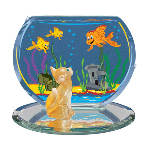 Cat & Fish Bowl Glass Figurine Handcrafted Orange Tabby Cat Collectible Gift