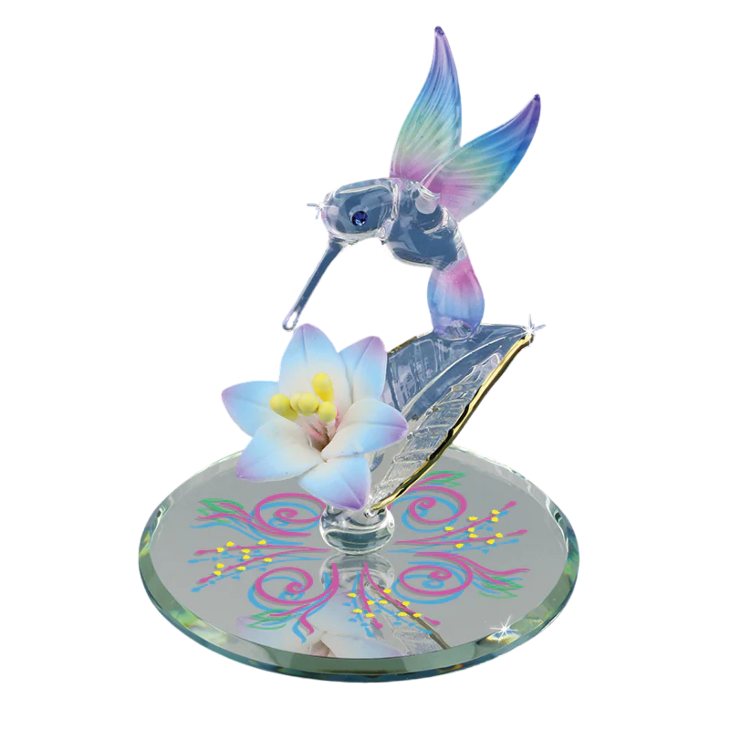 Blue glass hummingbird figurine hovering over lily on mirror base