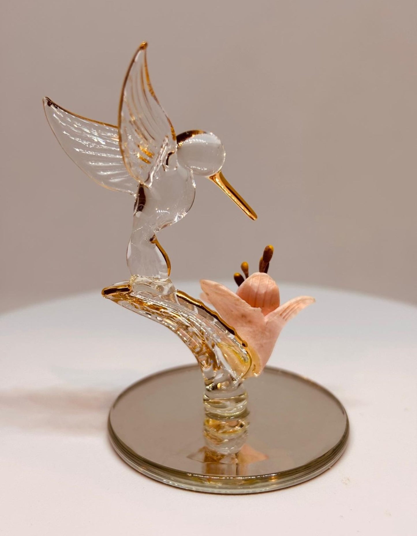 Hummingbird with Pink Flower Glass Figurine Bird and Lily Home Decor