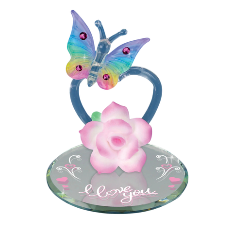 Butterfly on Heart Glass Figurine with Crystals I Love You Romantic Gift