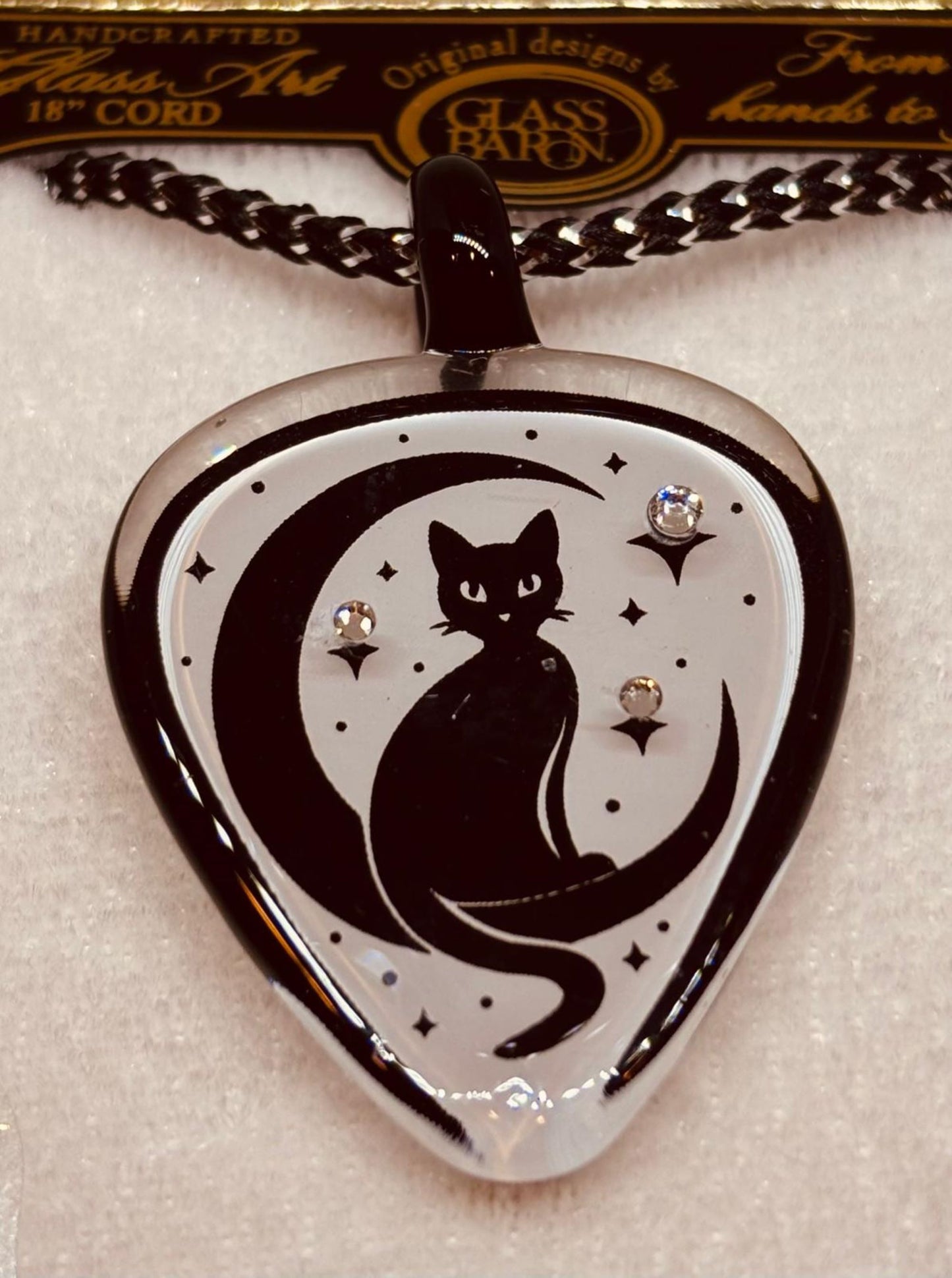 Cat and Moon Necklace Handcrafted Glass Pendant with Crystals on Cord Chain