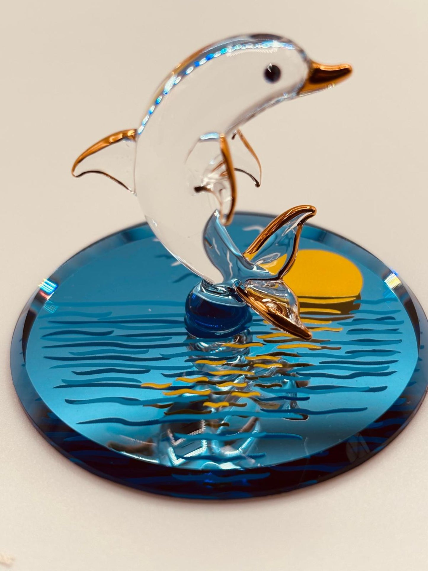 Sunset Dolphin Blue Glass Figurine | Handcrafted Coastal Decor with Crystal Accents