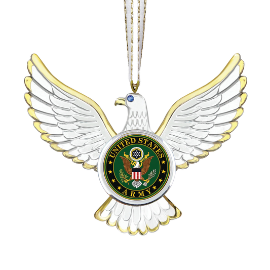 Handcrafted U.S. Army Eagle glass ornament with Army emblem, crystal accents, and gold ribbon