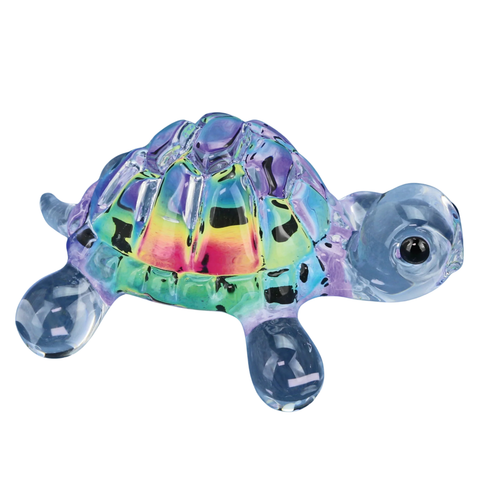 Handcrafted Tie-Dye Glass Turtle Figurine with Jet Black Crystal Eyes