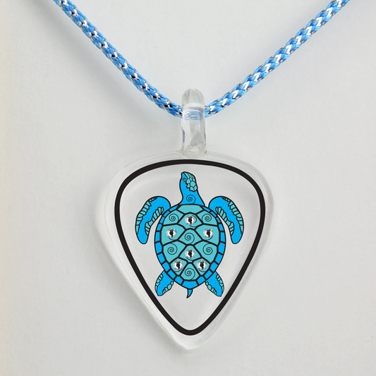 Aloha Sea Turtle Guitar Pick Necklace Handcrafted Glass Pendant with Crystals