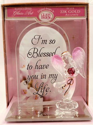 Handcrafted angel figurine in themed keepsake box with “I’m Blessed” message