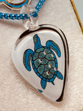 Aloha Sea Turtle Guitar Pick Necklace Handcrafted Glass Pendant with Crystals