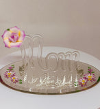 Handcrafted glass Mom figurine with pink rose, crystal accents, and I Love You message