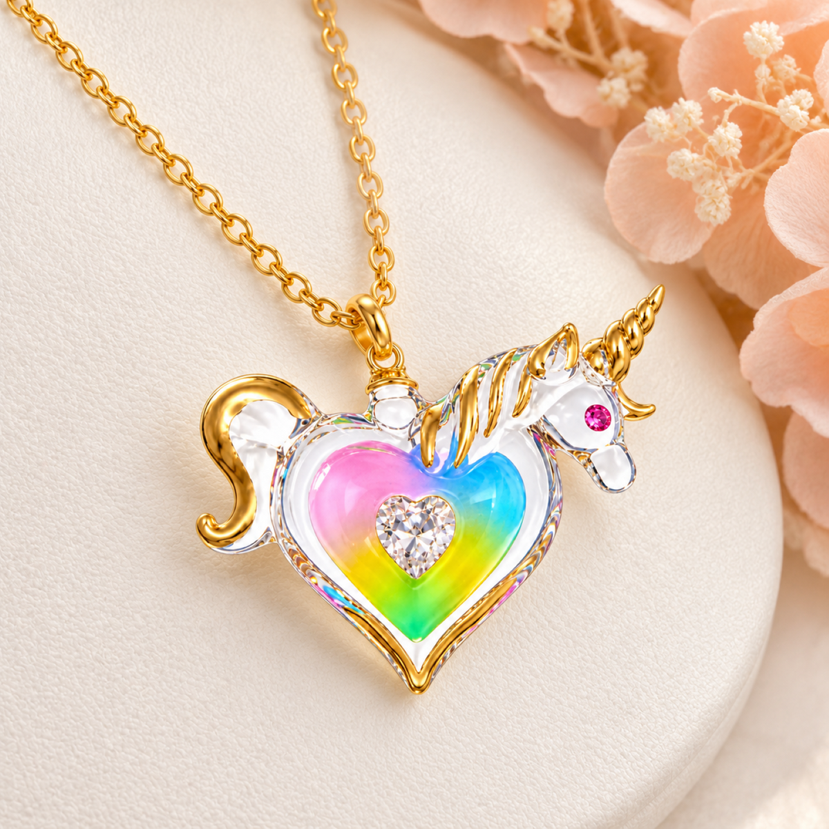 Rainbow Heart Unicorn Necklace, Crystal Heart Pendant, Unicorn Jewelry Gift