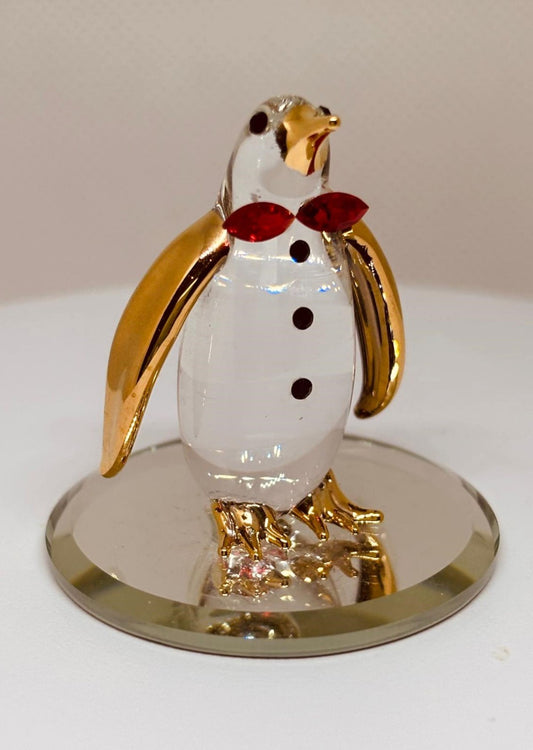 Playful Glass Penguin Figurine Handcrafted with Gold Accents