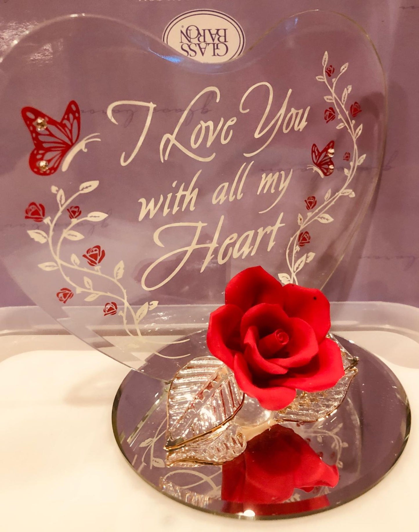 “I Love You With All My Heart” Rose Figurine | Glass Romantic Décor