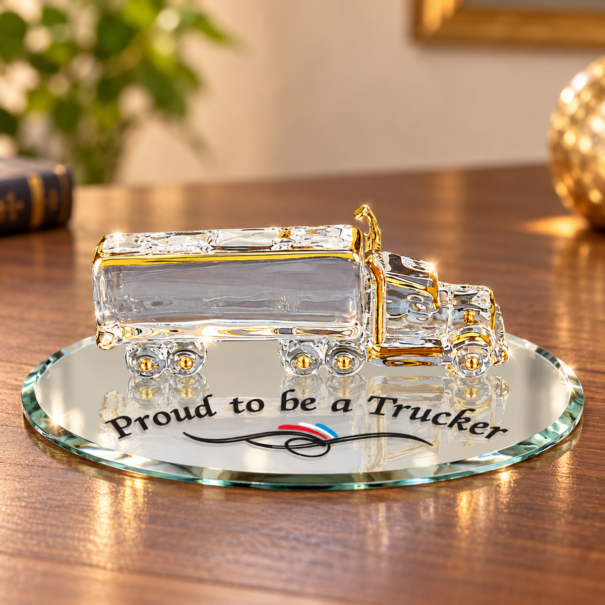 Handcrafted glass semi truck Big Rig figurine with Real 22Kt Gold on a beveled glass mirror base reading “Proud to be a Trucker”