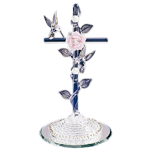 Glass Baron ~ Cross with Pink Rose and Hummingbirds