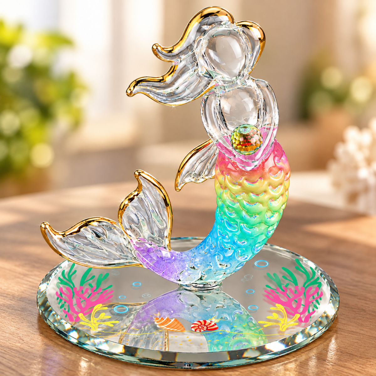 Handcrafted glass mermaid figurine with multicolored details on a decorative glass mirror featuring an underwater coral design