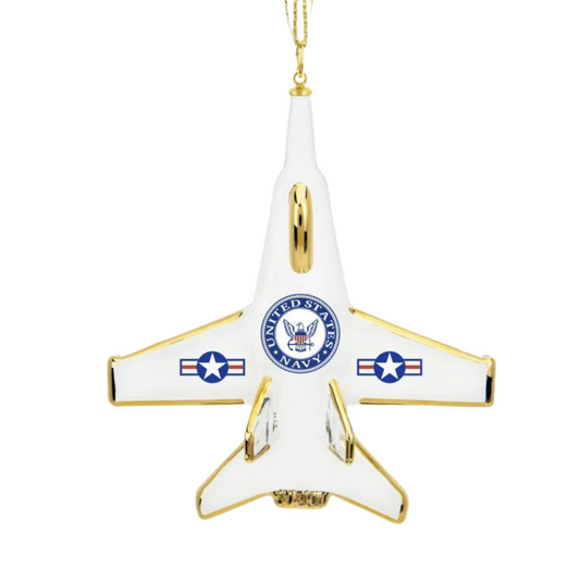 Handcrafted U.S. Navy F-18 jet glass ornament with Navy emblem and 22Kt gold accents