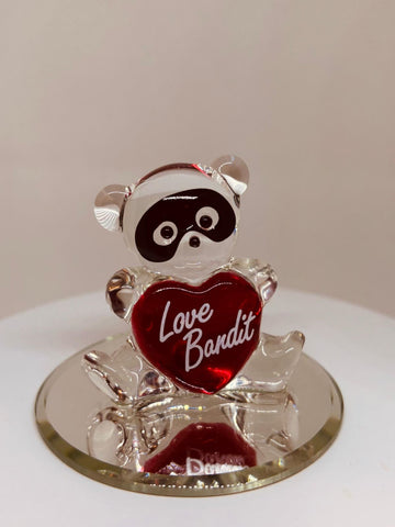 Love Bandit Bear Figurine, Handcrafted Glass Bear with Red Heart