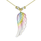 Rainbow Angel Wing Necklace Handcrafted Glass Pendant with Crystals on 18" Gold Chain