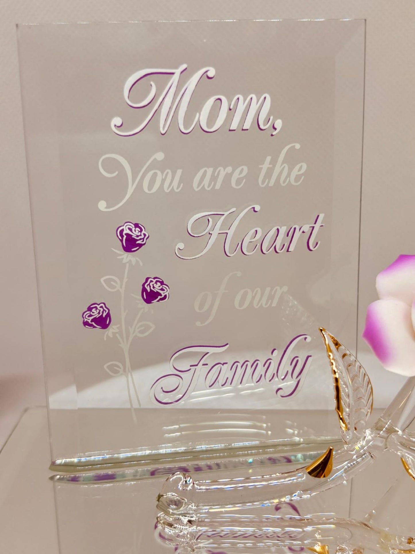 Mom You Are the Heart of Our Family Figurine, Handcrafted Glass Rose Gift for Mom