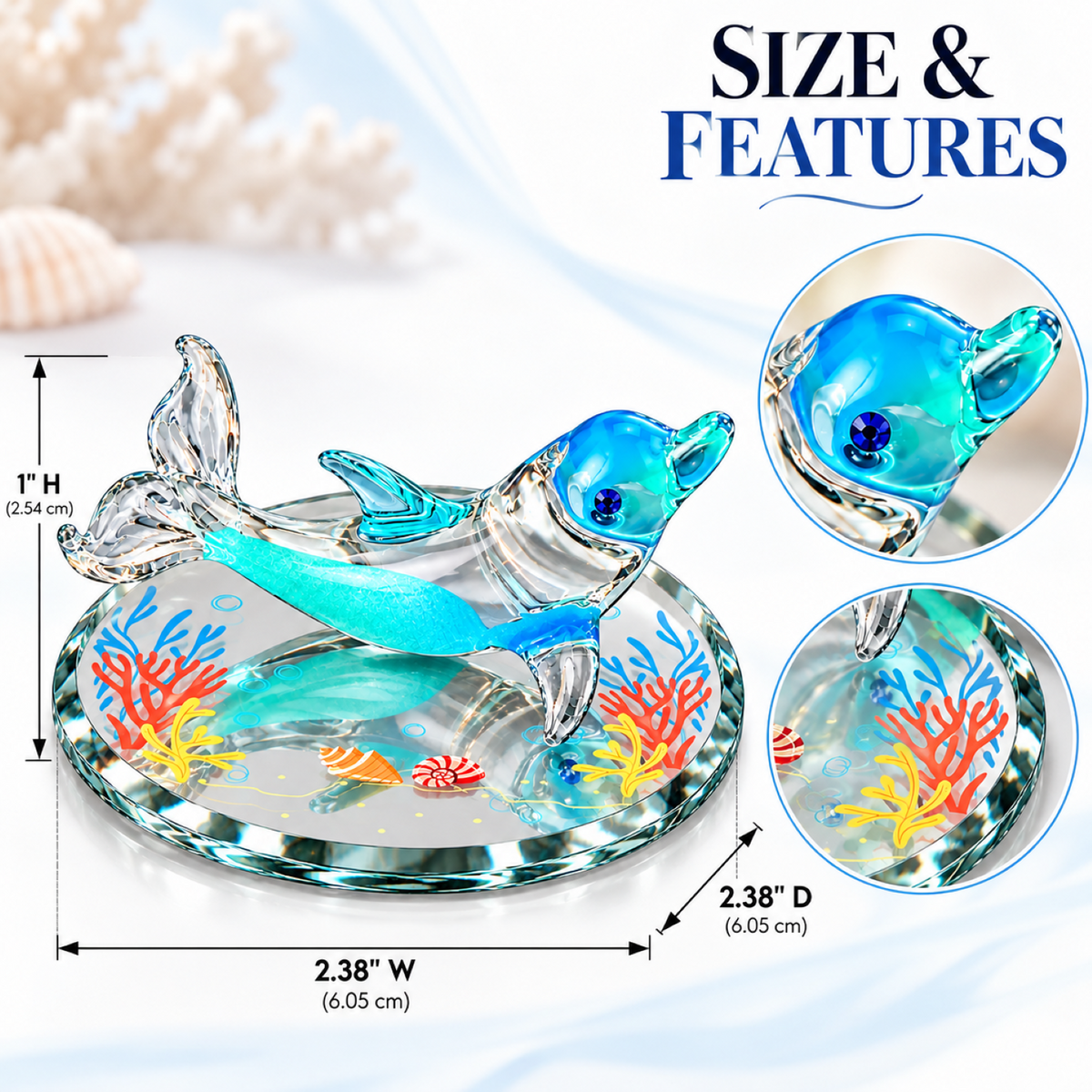 Glass Dolphin Figurine, Coral Reef Ocean Decor, Dolphin Lover Gift