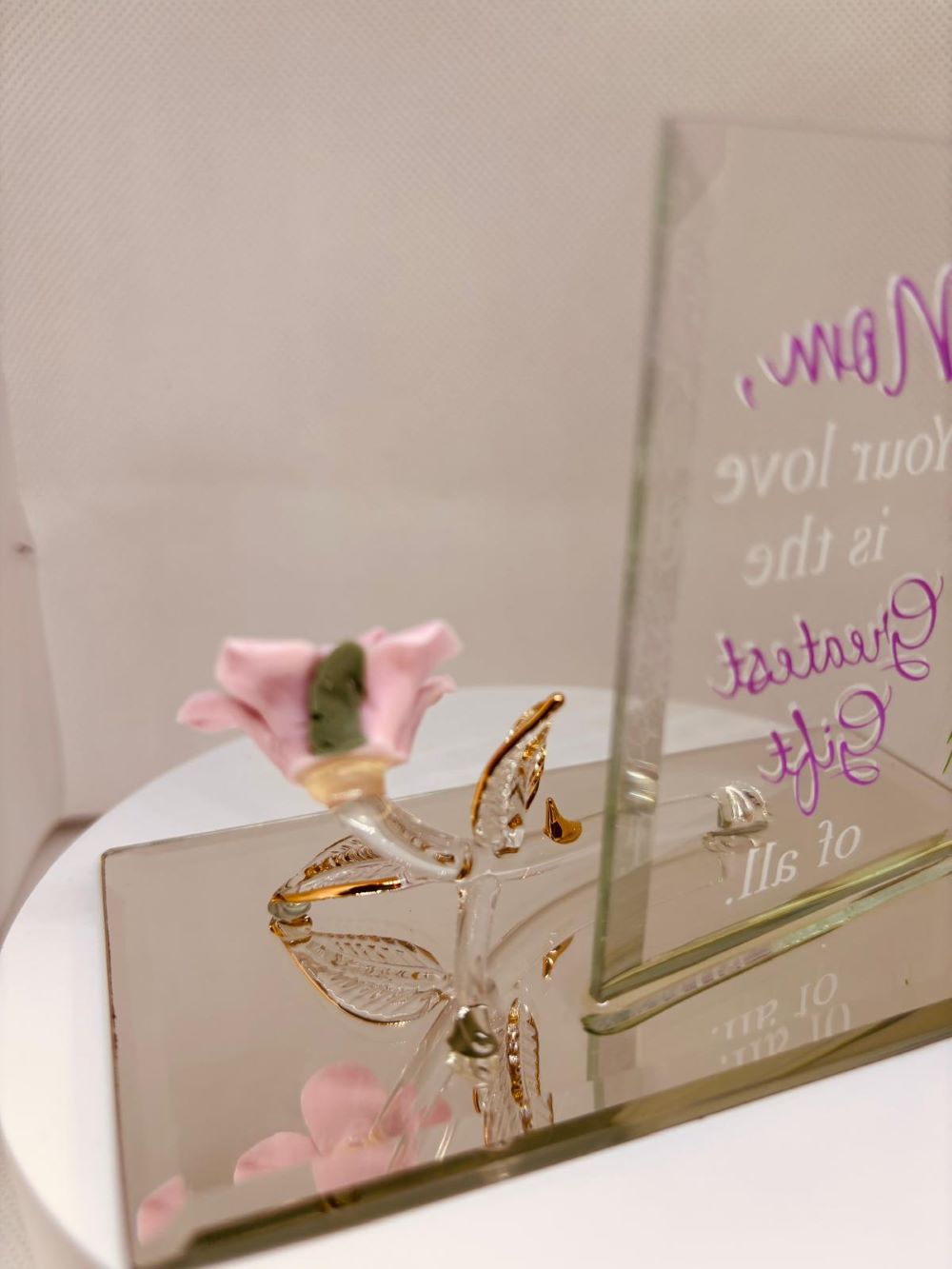 Pink Rose Mom “Greatest Gift” Glass Figurine | Handcrafted Mother’s Day I Love You Mom Gift