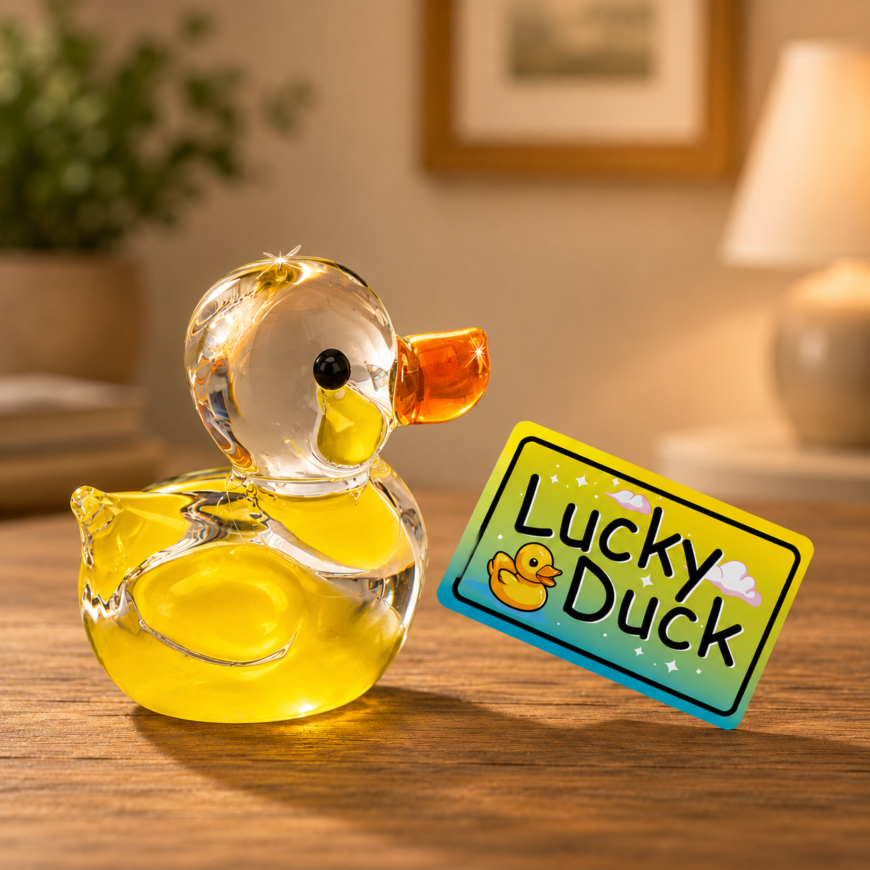 Handcrafted yellow glass duck figurine with colorful Lucky Duck tag