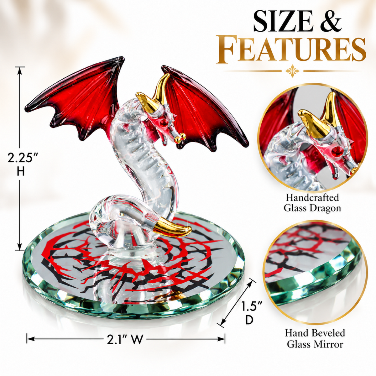 Glass Dragon Figurine with Red Wings, Dragon Lover Gift, Fantasy Decor