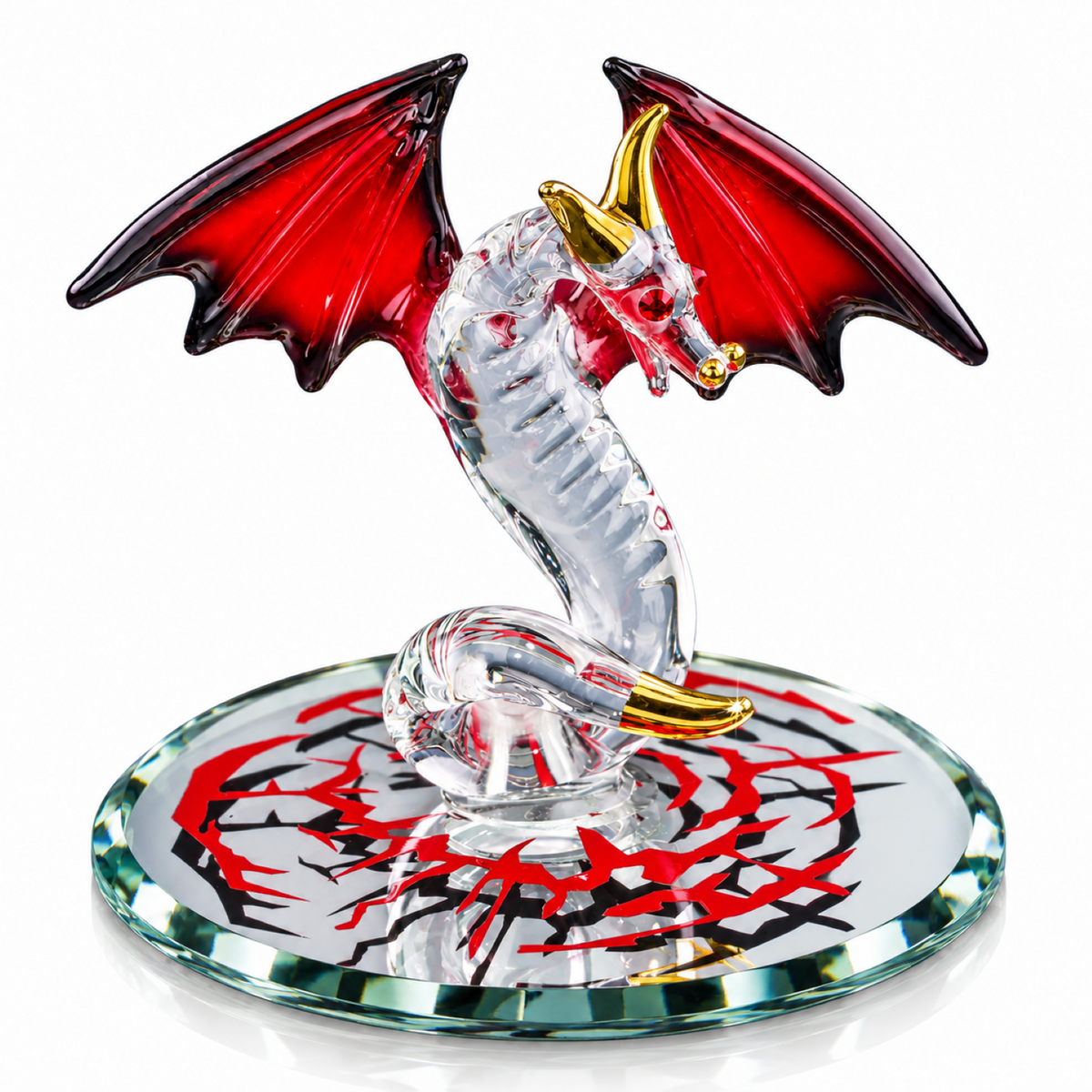 Glass Dragon Figurine with Red Wings, Dragon Lover Gift, Fantasy Decor