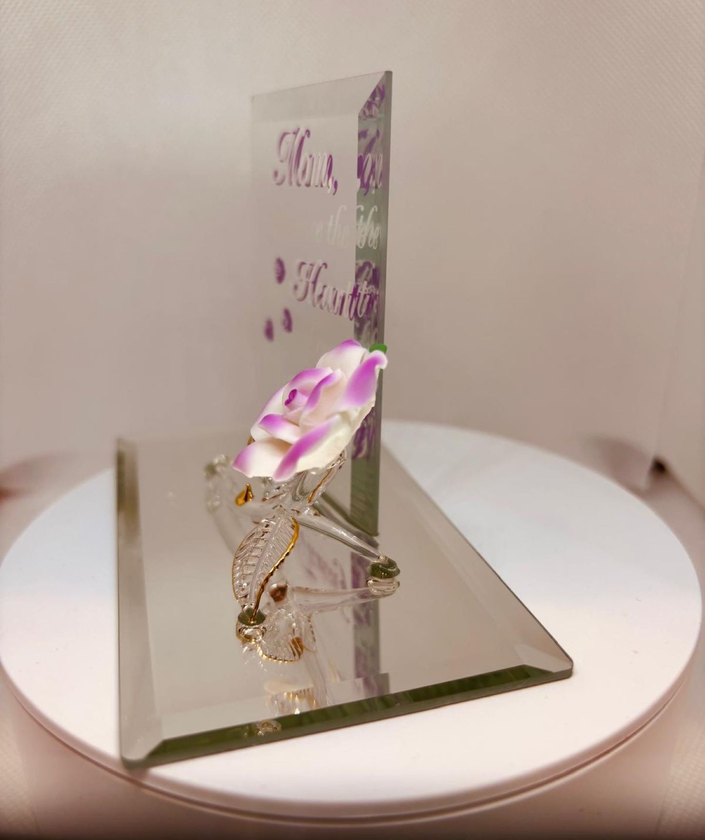 Mom You Are the Heart of Our Family Figurine, Handcrafted Glass Rose Gift for Mom